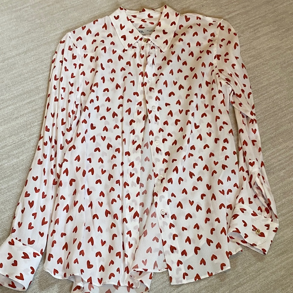 Zara White and Red Heart Button Down Shirt